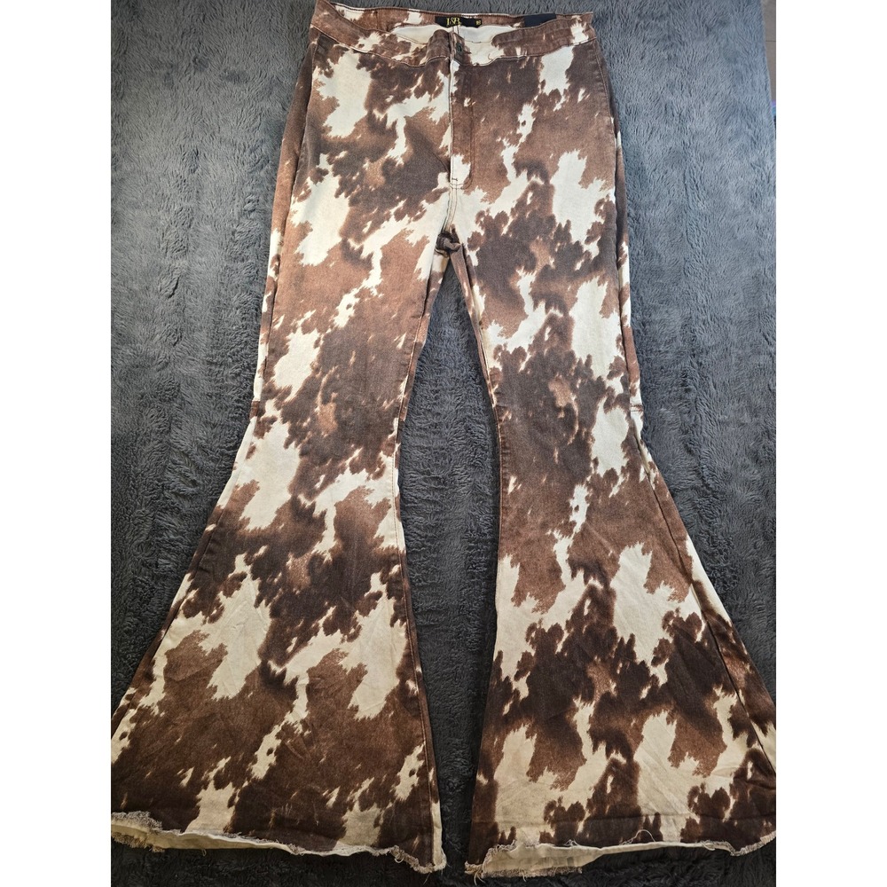 Lucky & Blessed Cow Print High Rise Flare Jeans Brown White Bell Bottoms 18